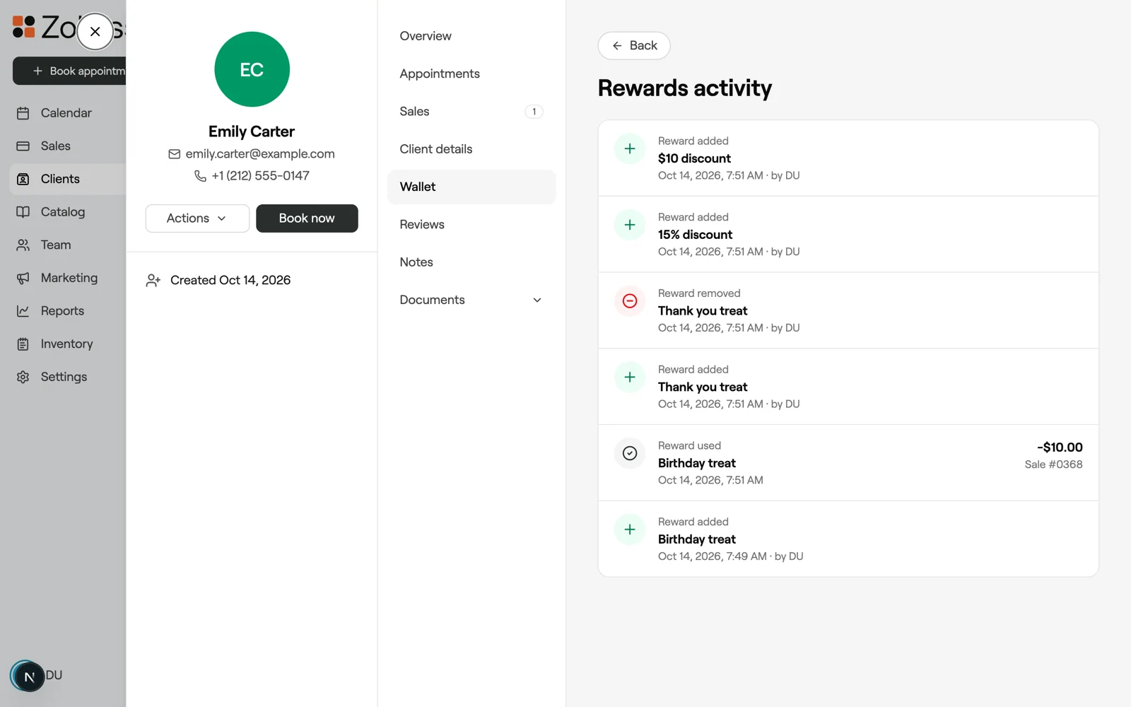 Rewards activity listing rewards added, used and removed