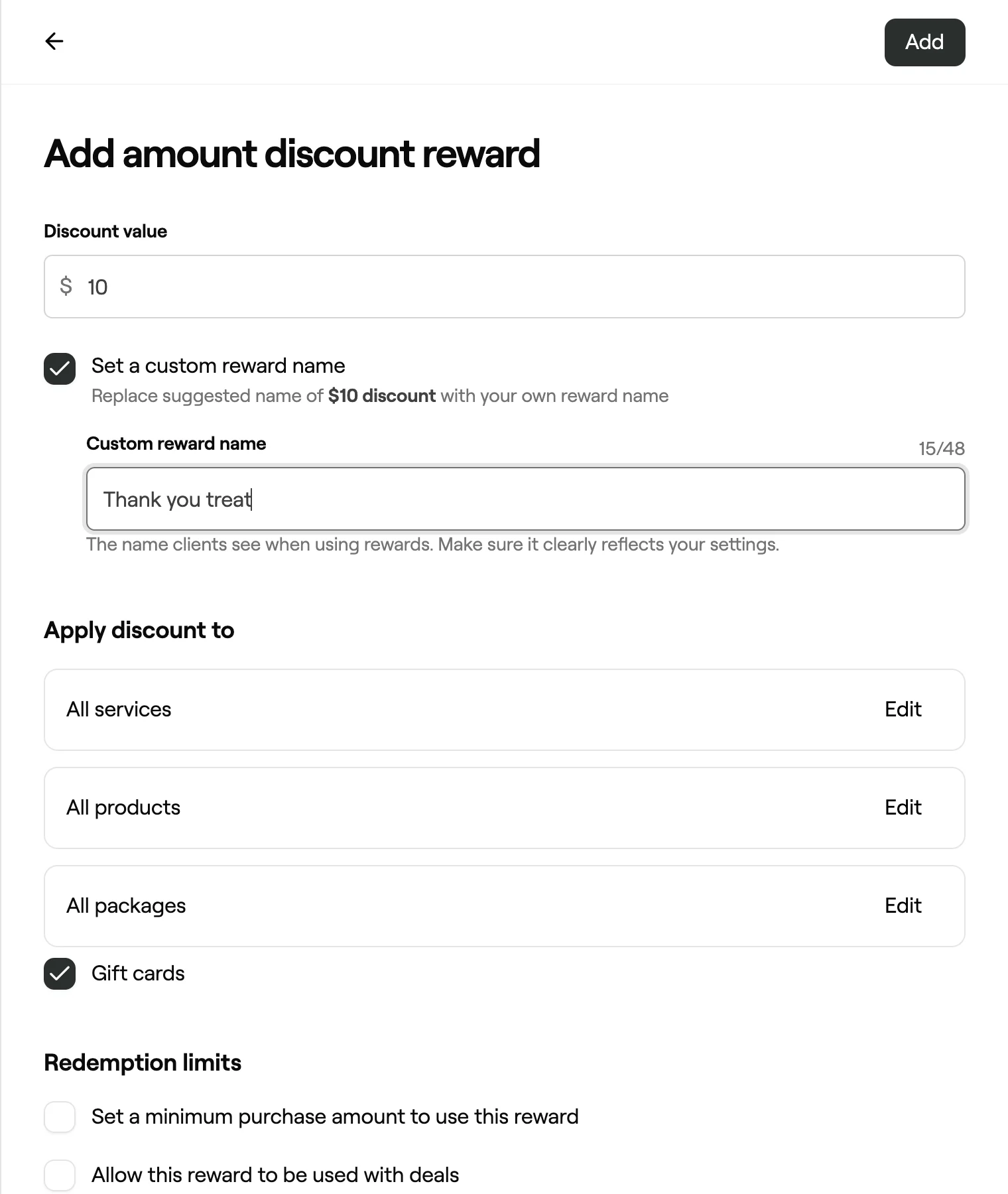 Add amount discount reward with discount value, custom name and Apply discount to