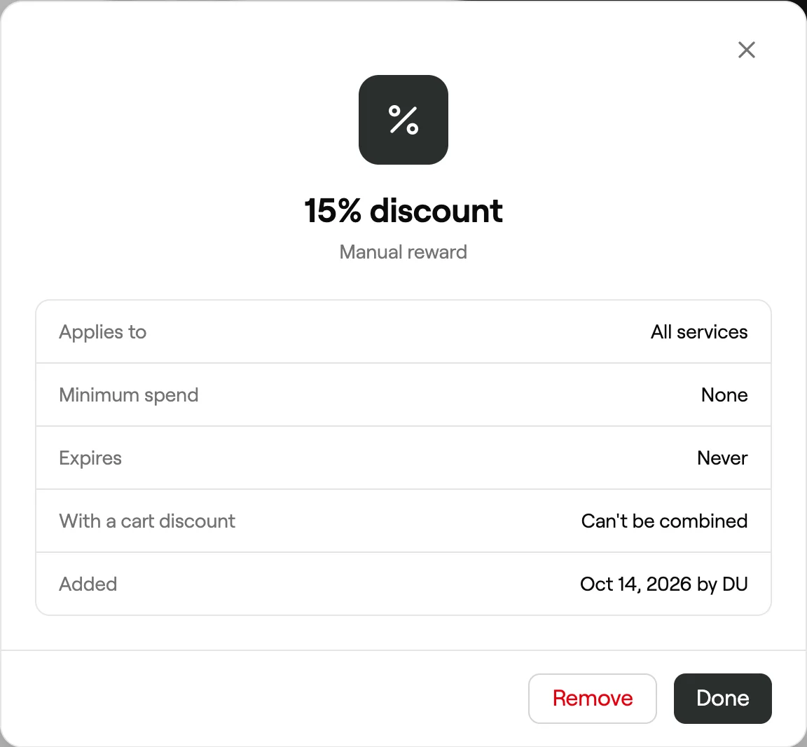 Reward details with what it applies to and its limits