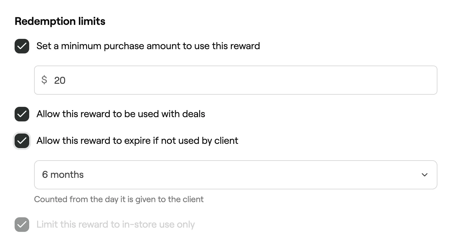 Redemption limits with minimum purchase, deals and expiry