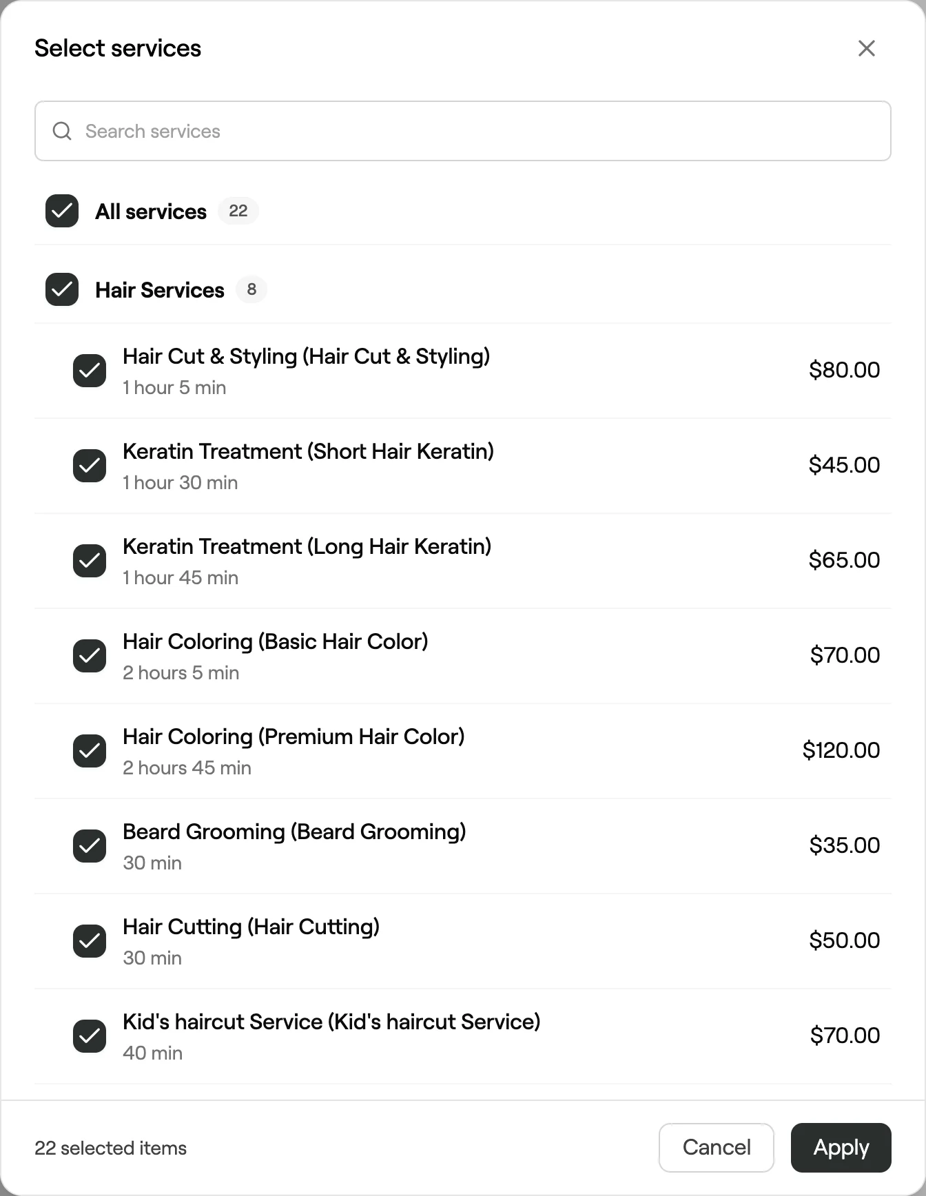 Select services with services grouped by category