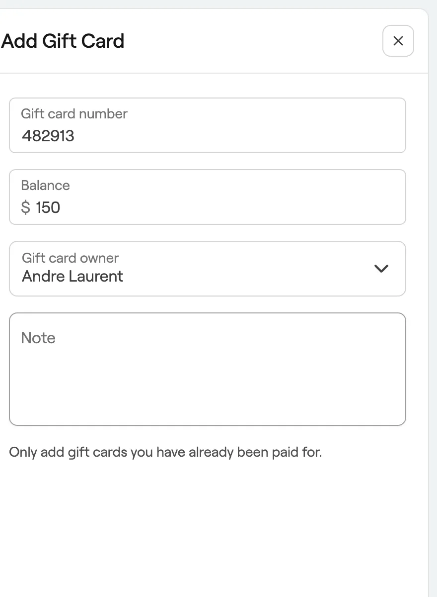 Add Gift Card with number, balance and owner