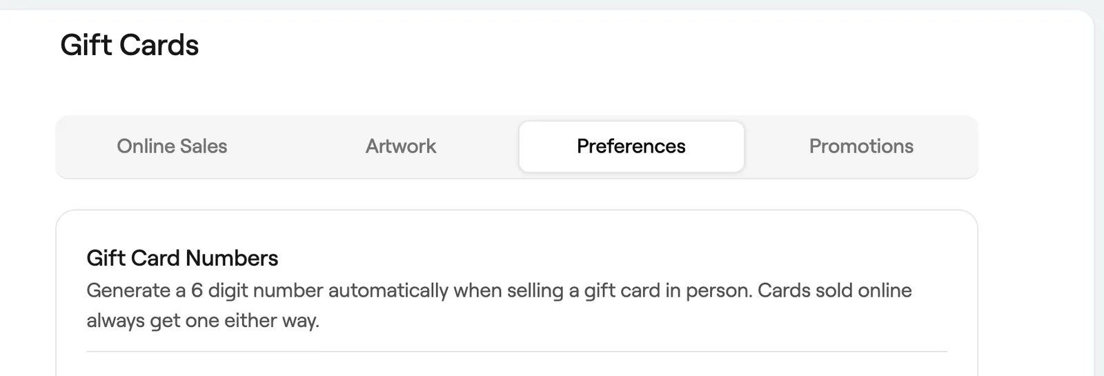 Gift card numbers preference
