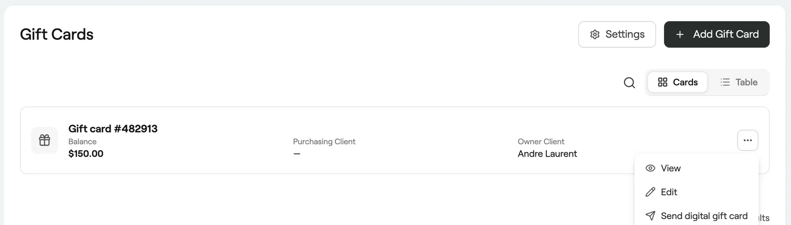 Gift cards list with the actions menu