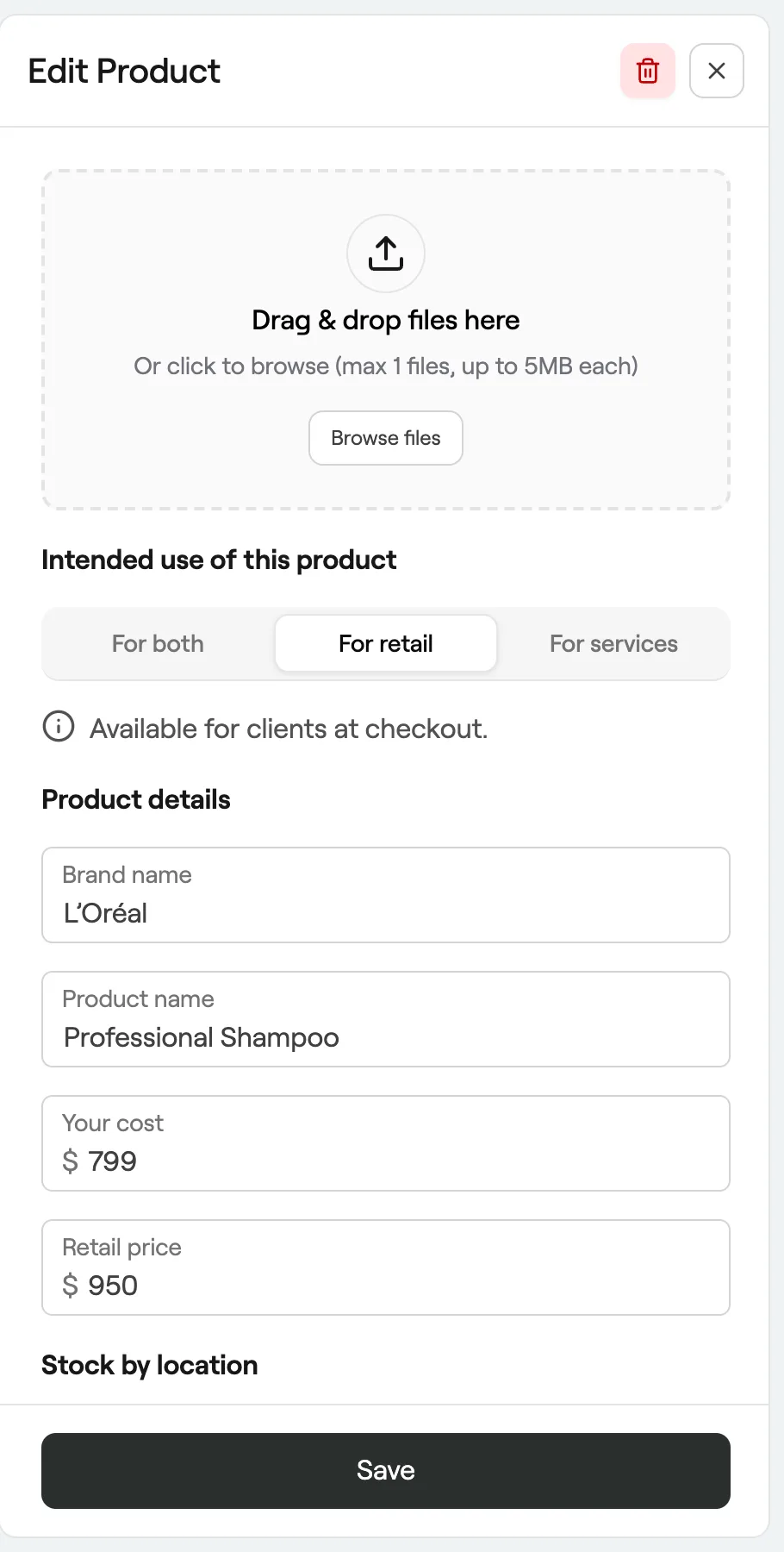 Product form with intended use, product details and stock by location