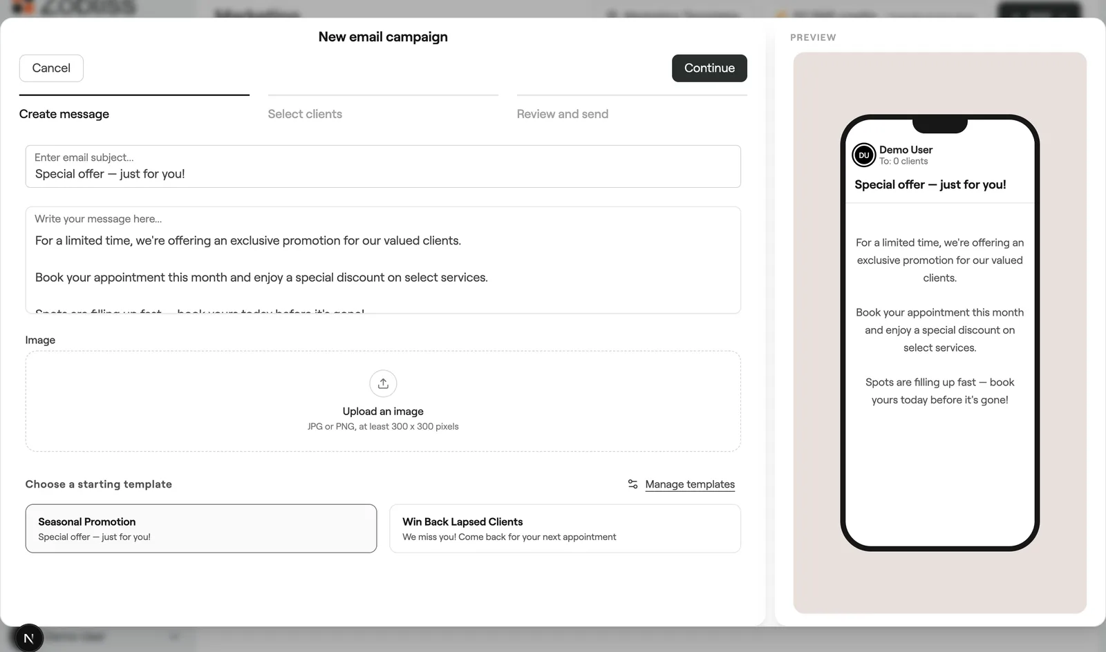 Create message step with subject, message, image and templates