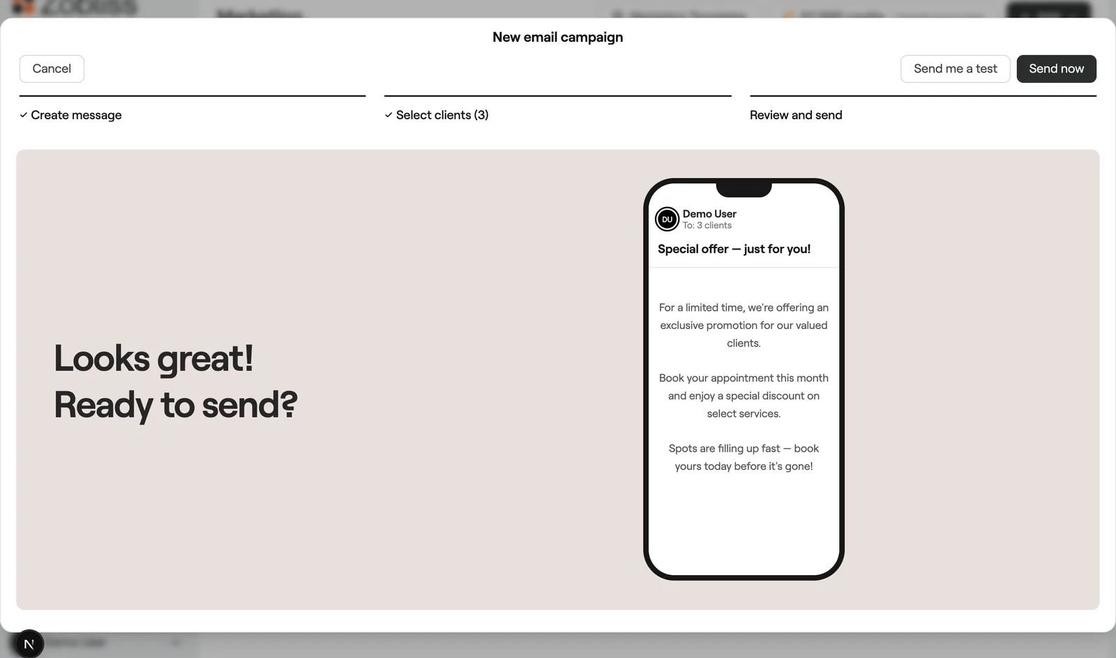 Review and send step with Send me a test and Send now