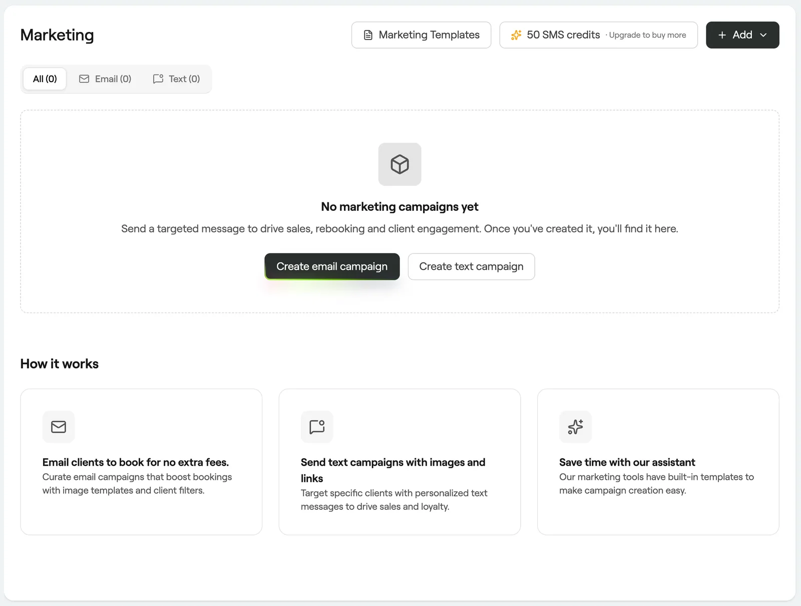 Marketing page with campaign tabs
