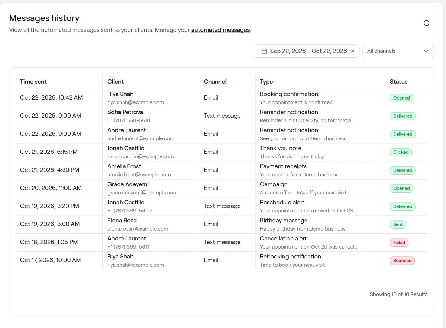 Messages history with time sent, client, channel, type and status