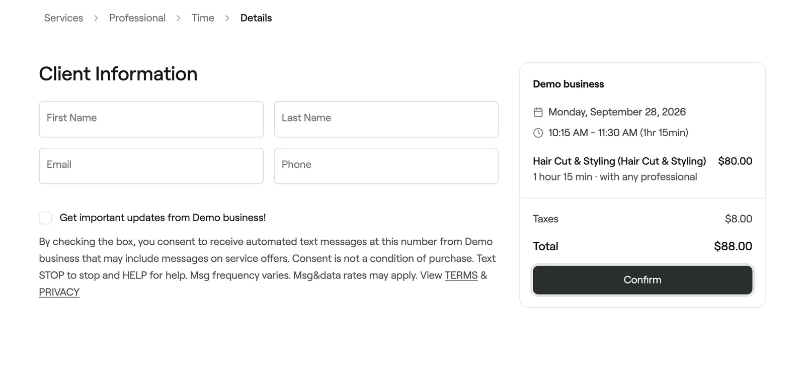 Client information step with Confirm button