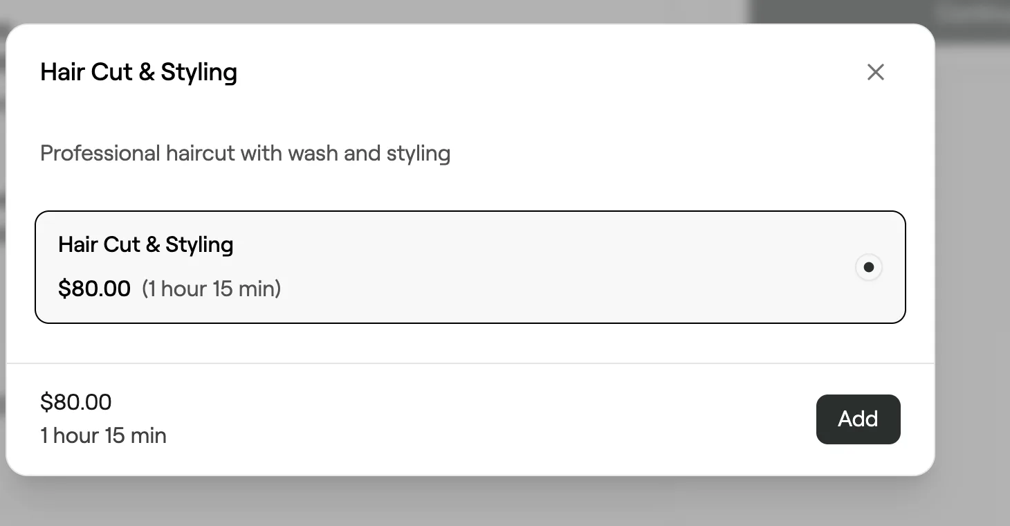Service option picker on the booking site