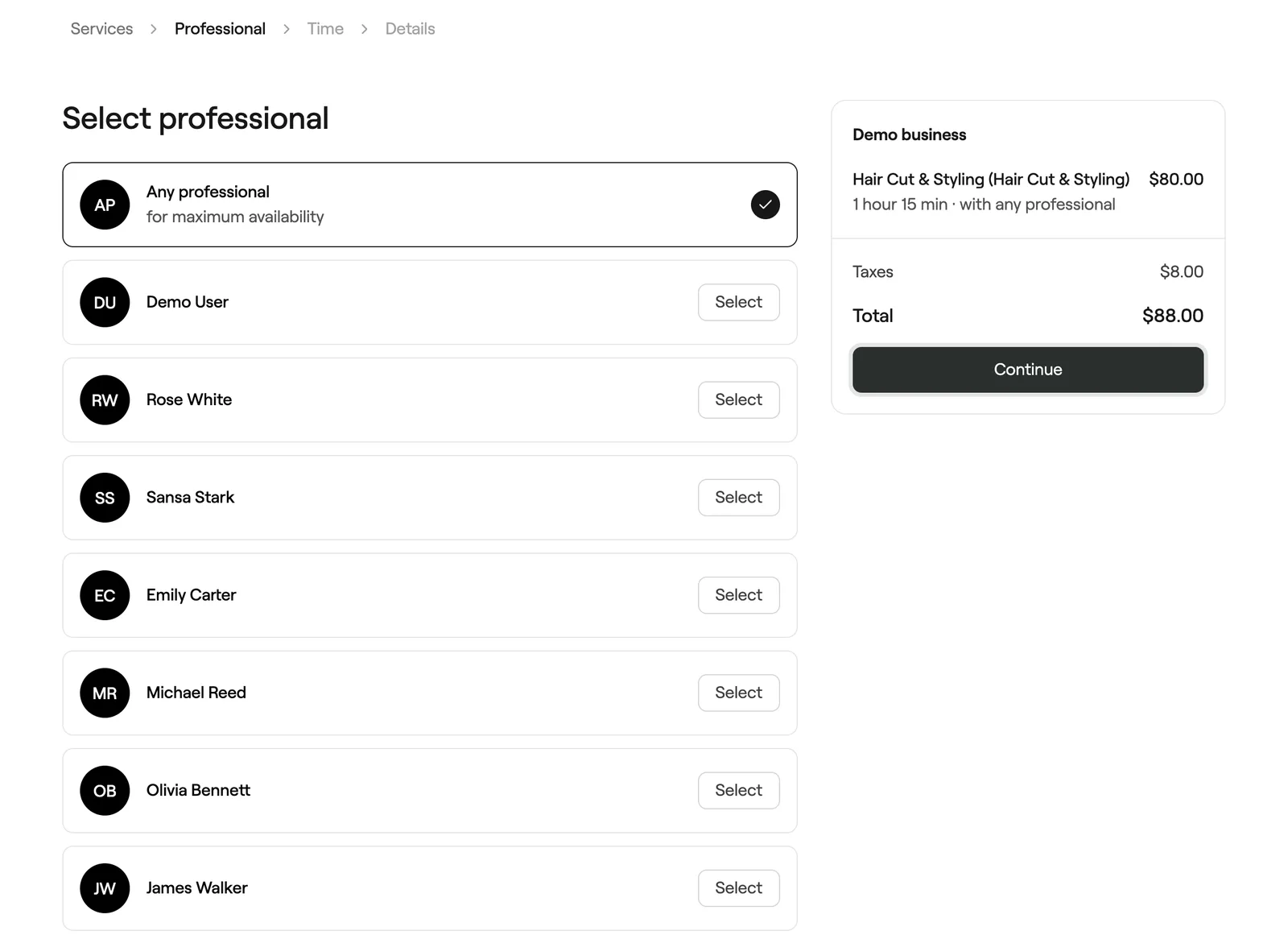 Select professional step with Any professional