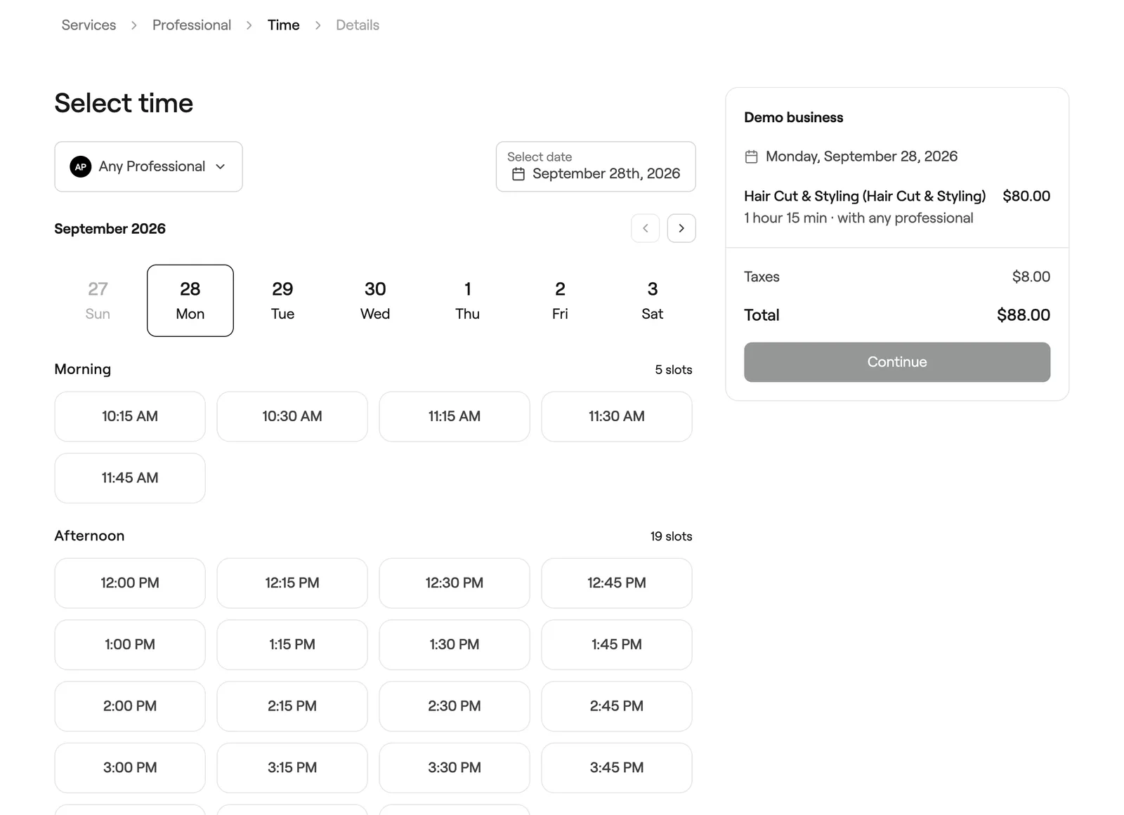 Select time step with morning and afternoon slots