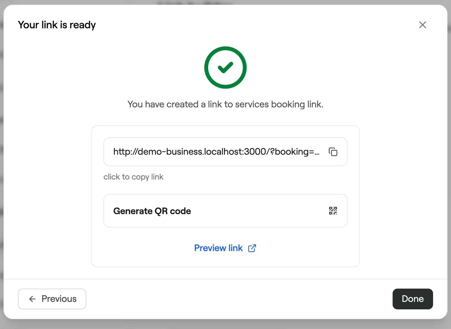 Your link is ready with copy, QR code and preview options