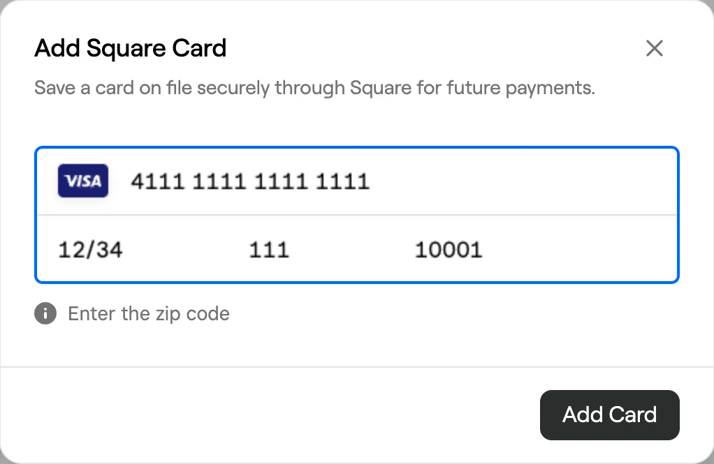 Add Square Card dialog