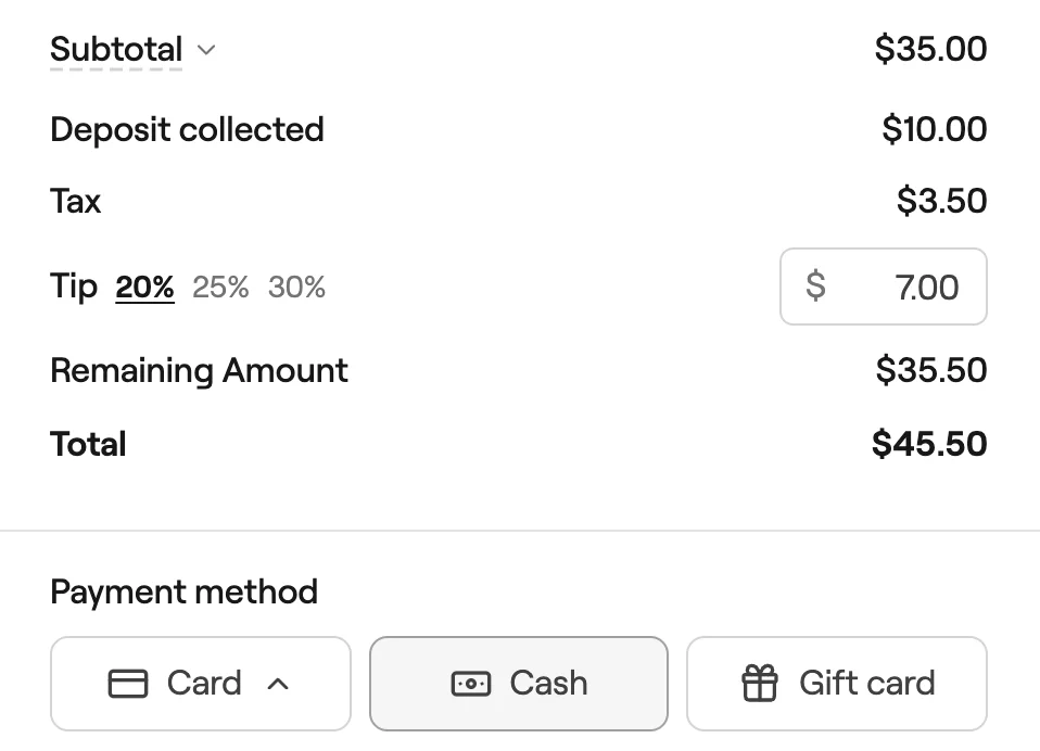 Checkout summary with Deposit collected and Remaining Amount