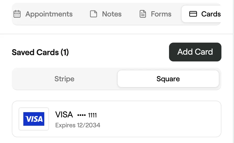 Client Cards tab with a saved Square card