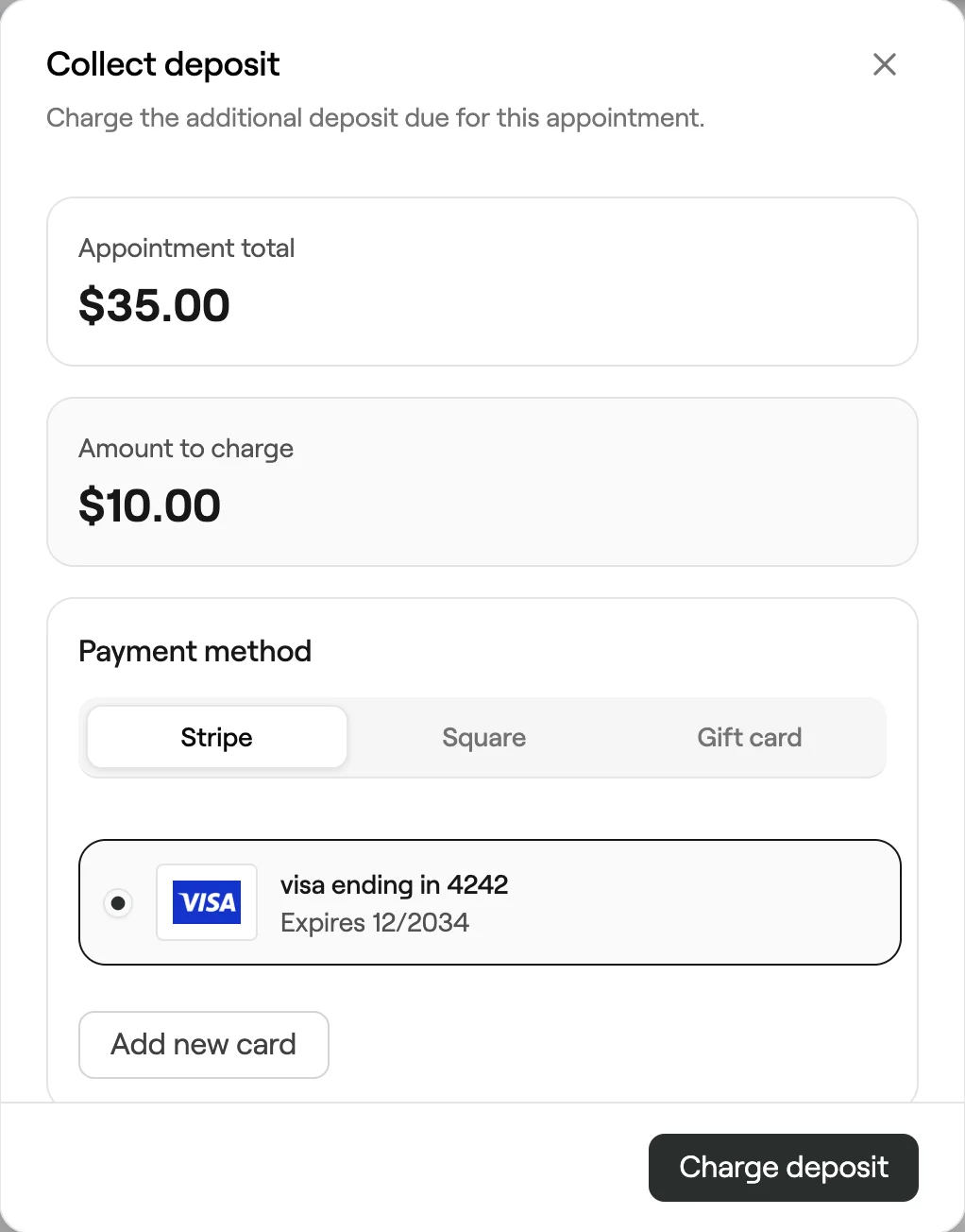 Collect deposit dialog with amount to charge and payment method