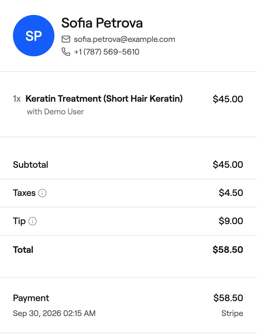 Sales details showing a payment taken with Stripe
