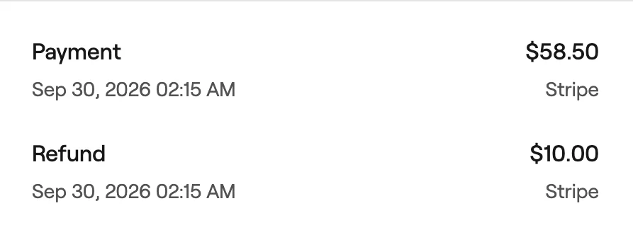 Sale showing a Stripe payment and a Stripe refund