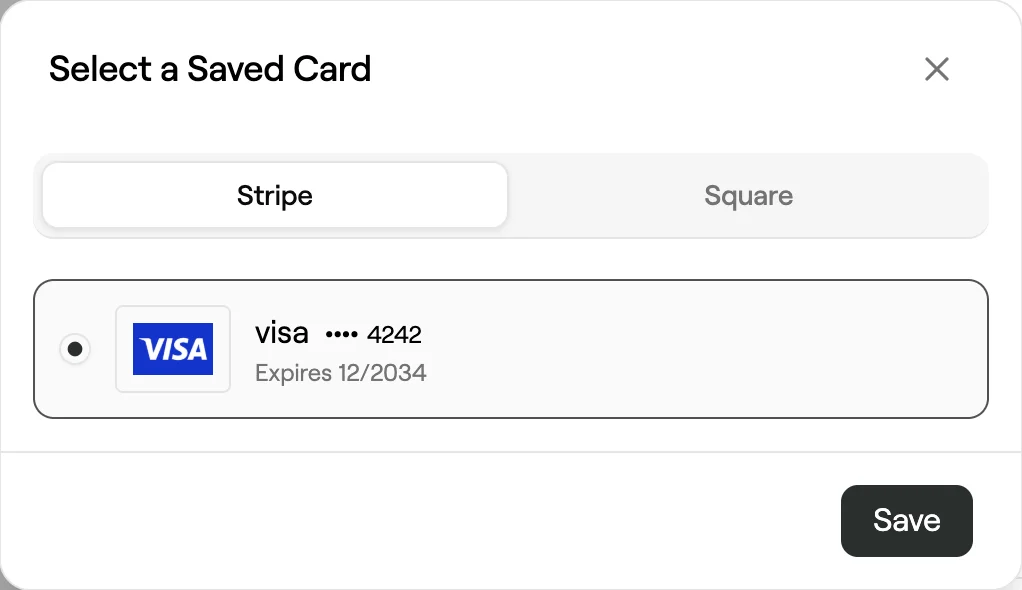 Select a Saved Card with Stripe and Square tabs