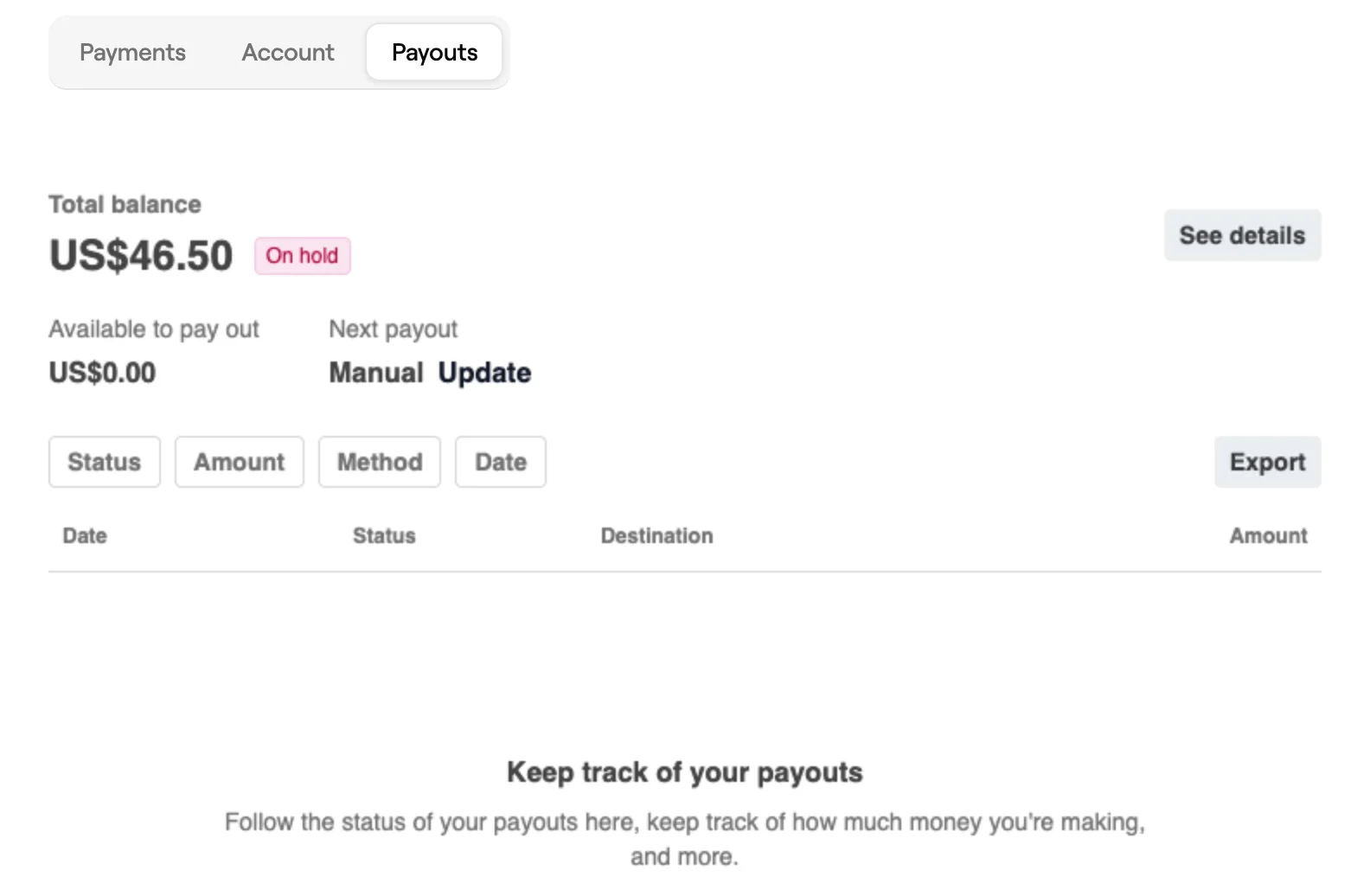Stripe Payouts tab with total balance and next payout