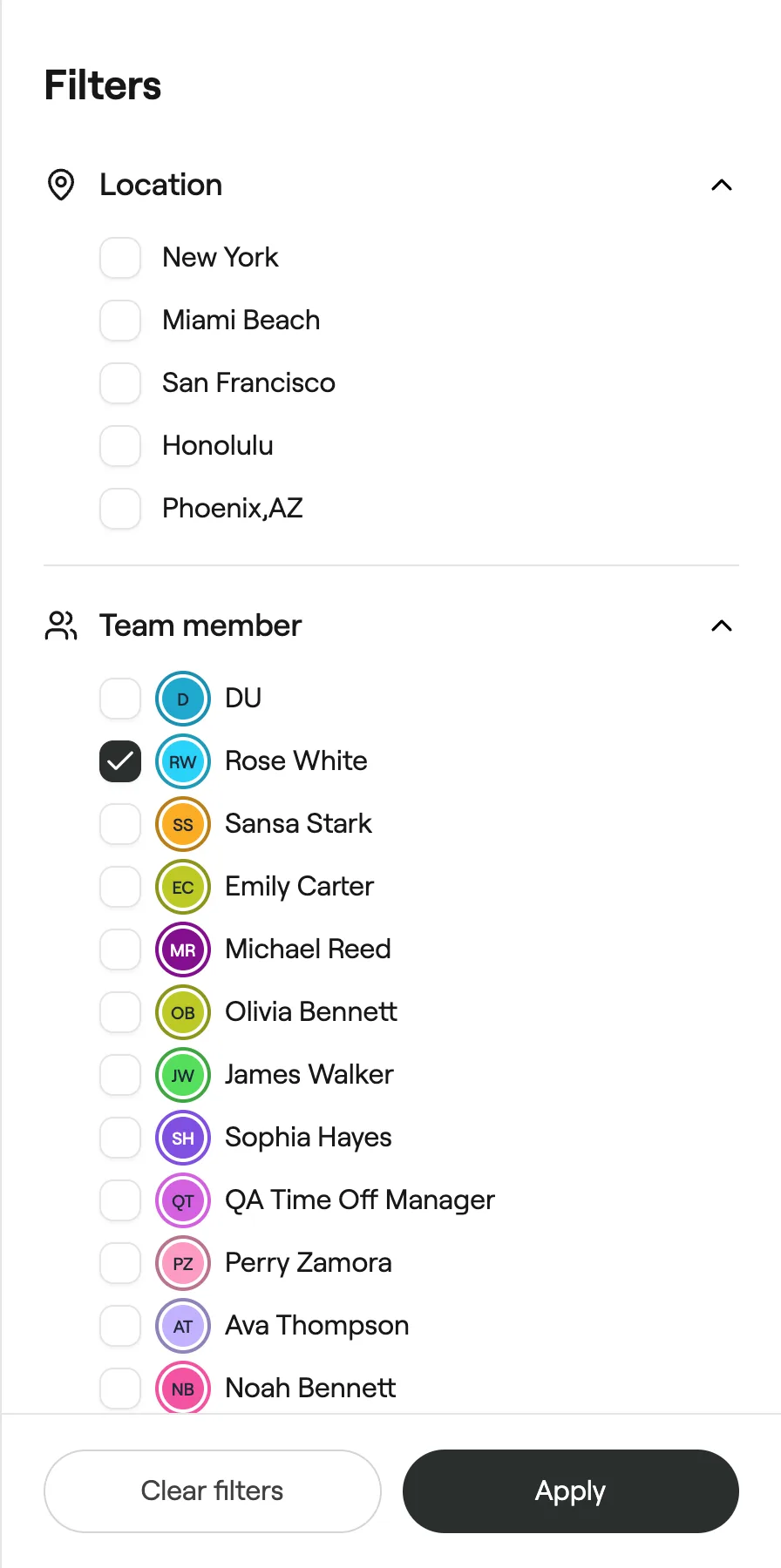Filters panel with location and team member checkboxes