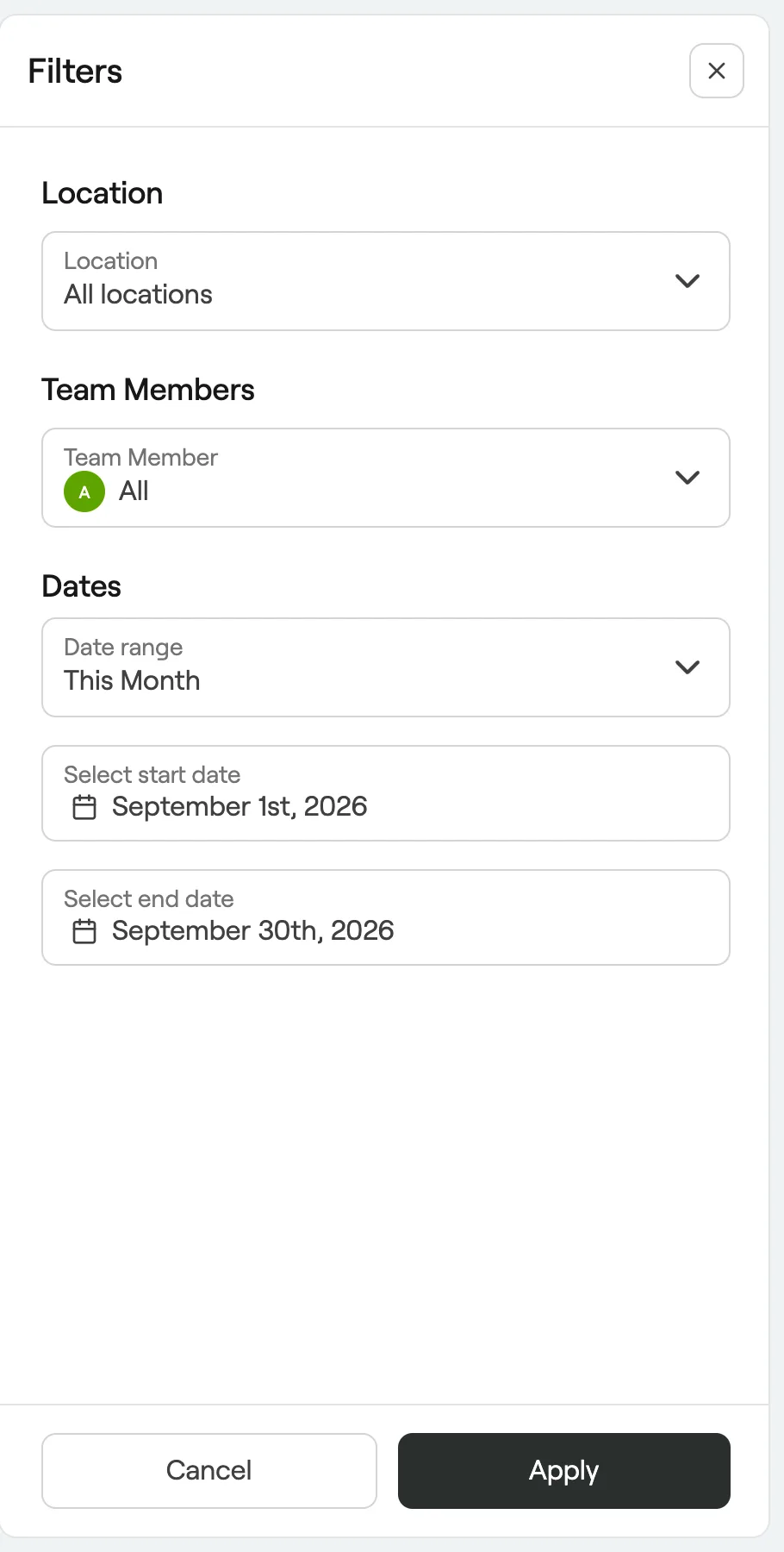 Report filters for location, team member and date range