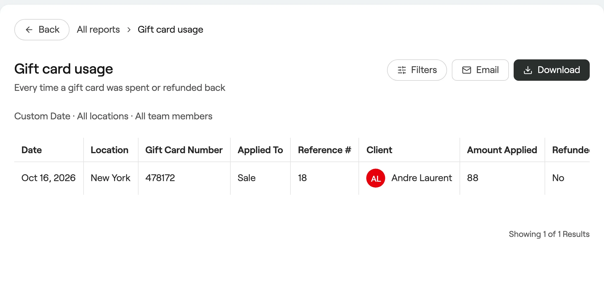 Gift card usage report