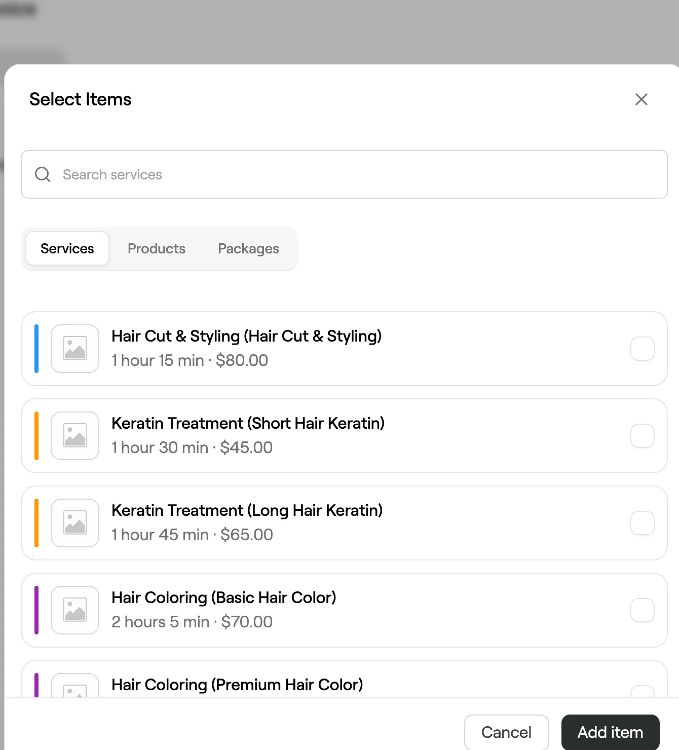 Select Items dialog for an invoice
