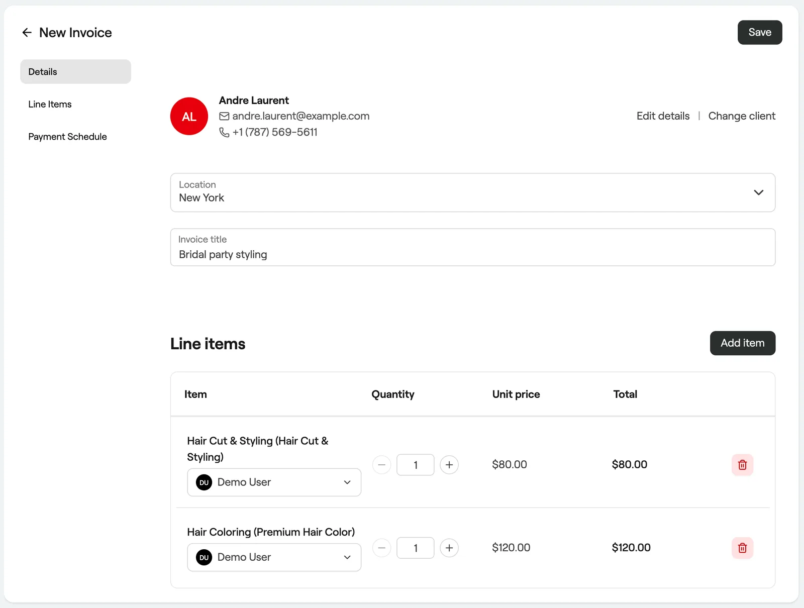 New invoice with client, location, title and line items