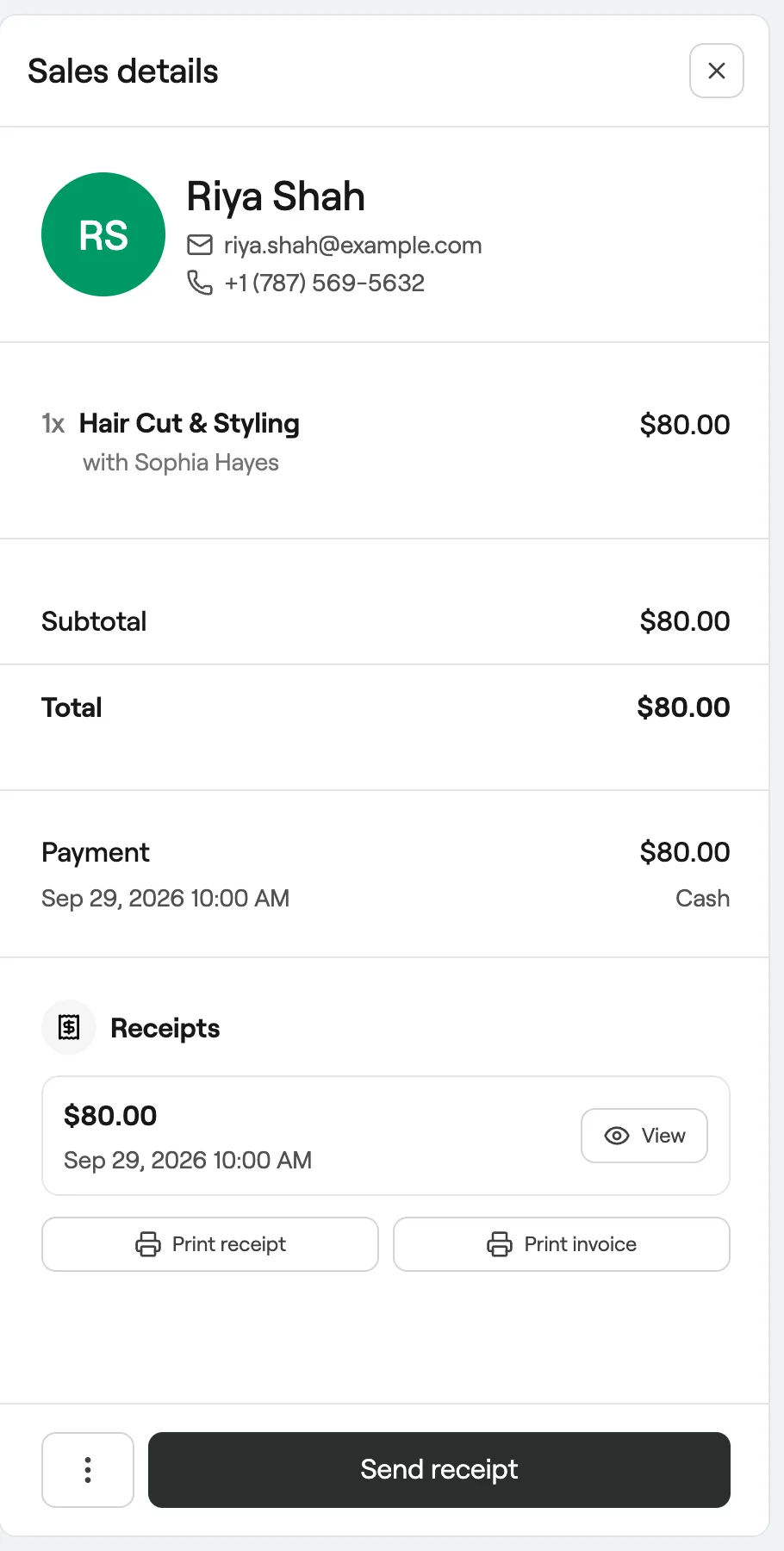 Sales details with items, totals, payment and receipts