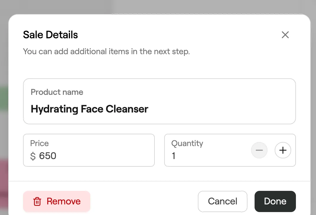 Sale Details dialog with price, quantity and Remove