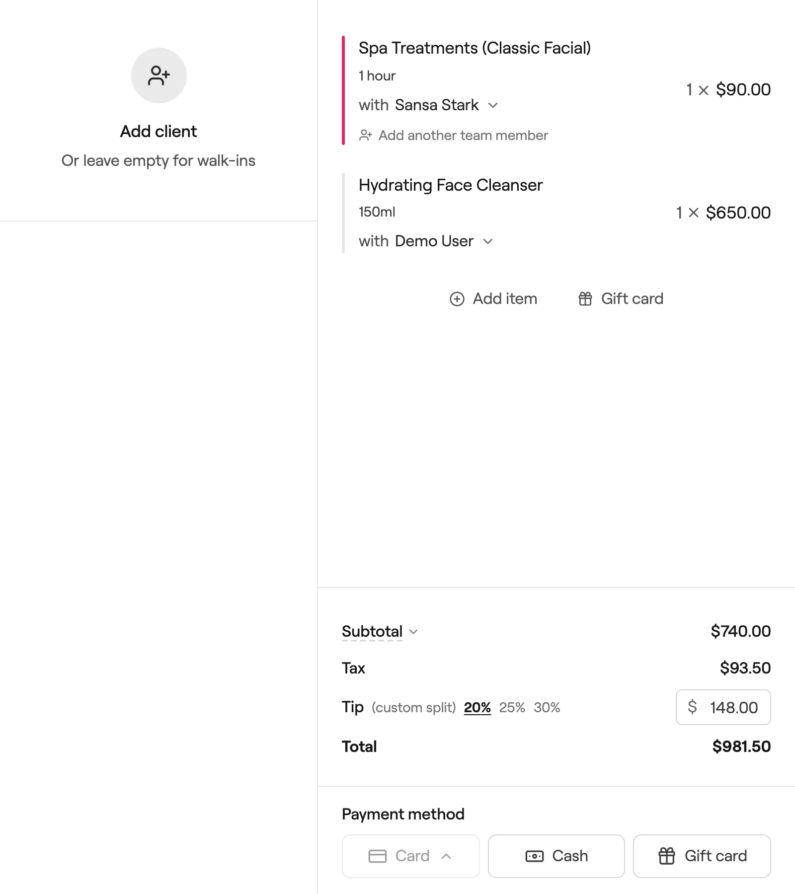 Quick sale with a service and a product added