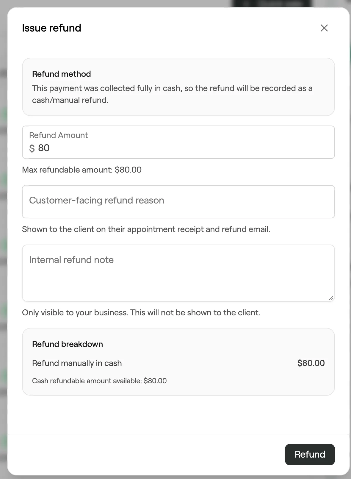 Issue refund dialog with refund amount, reasons and refund breakdown