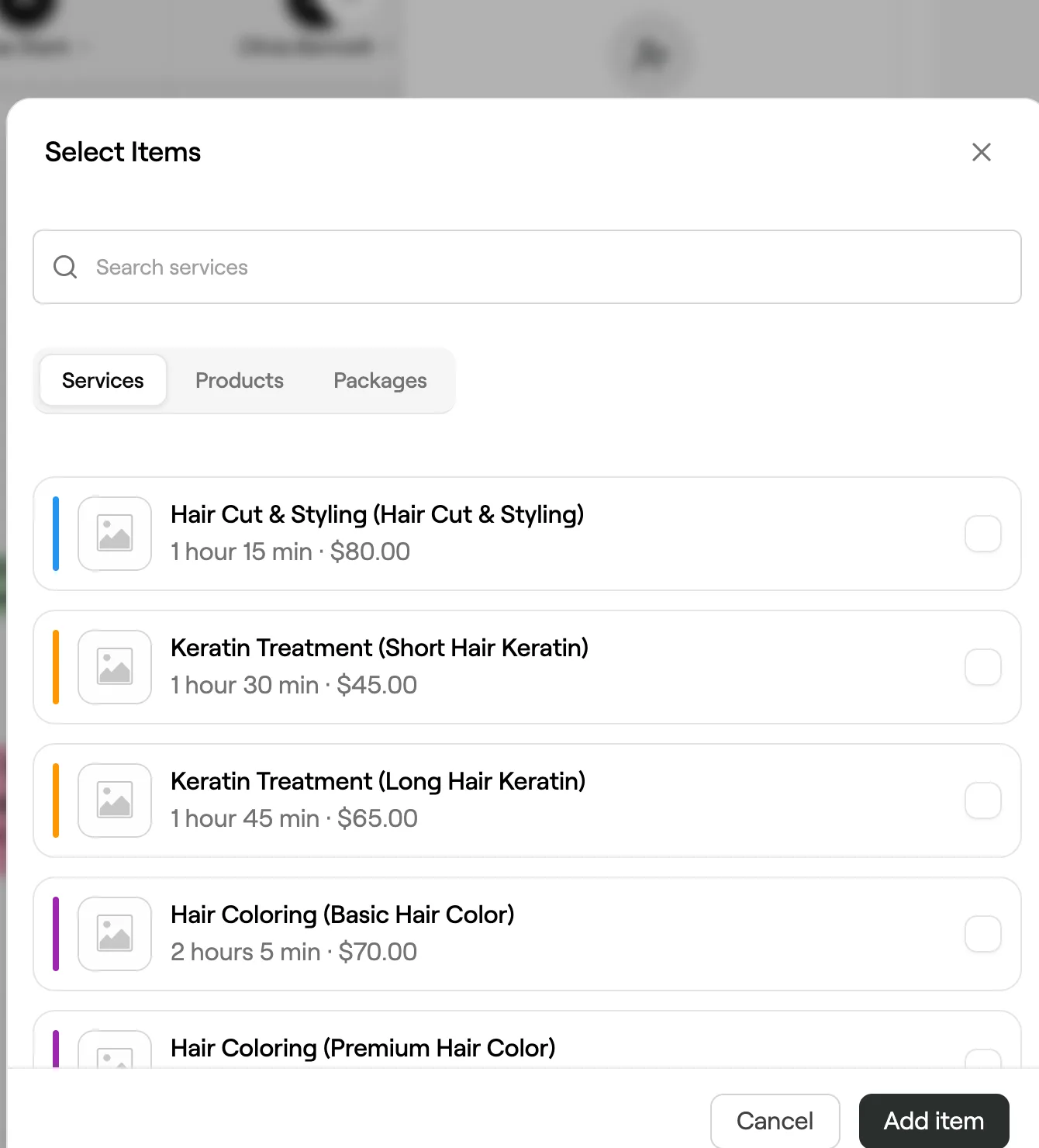 Select Items dialog with Services, Products and Packages tabs