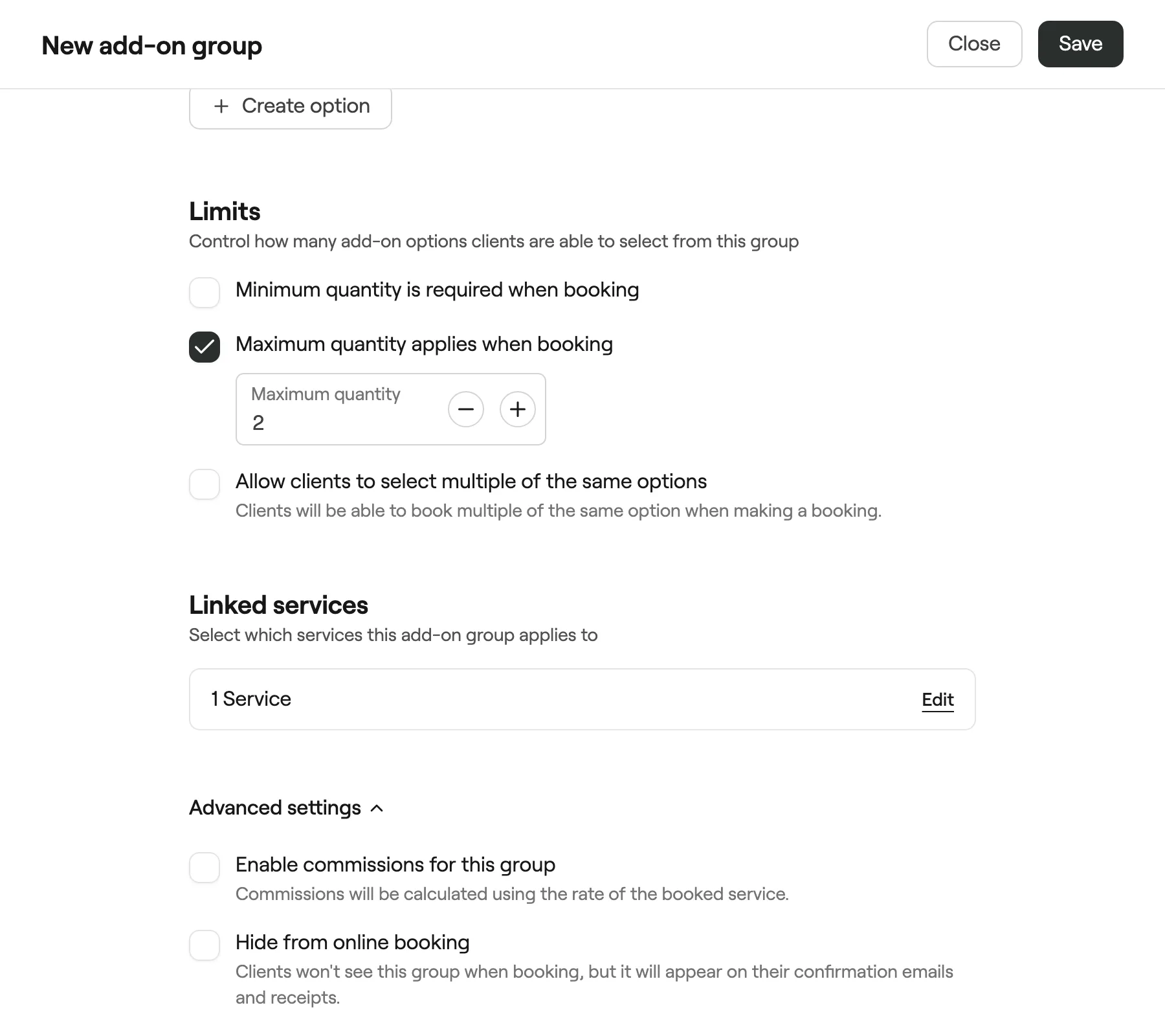 Limits, Linked services and Advanced settings of an add-on group