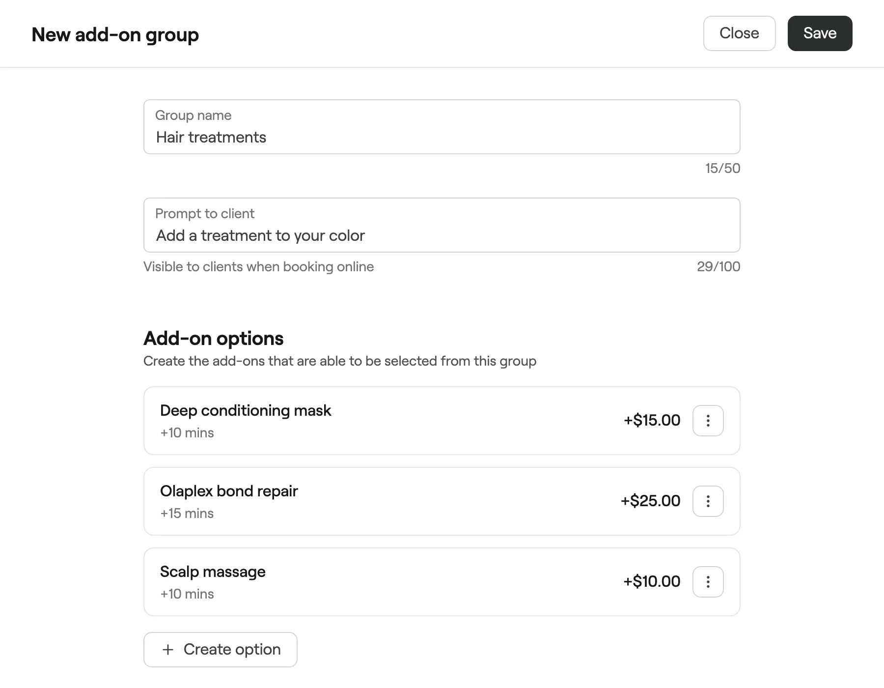 New add-on group with group name, prompt to client and add-on options