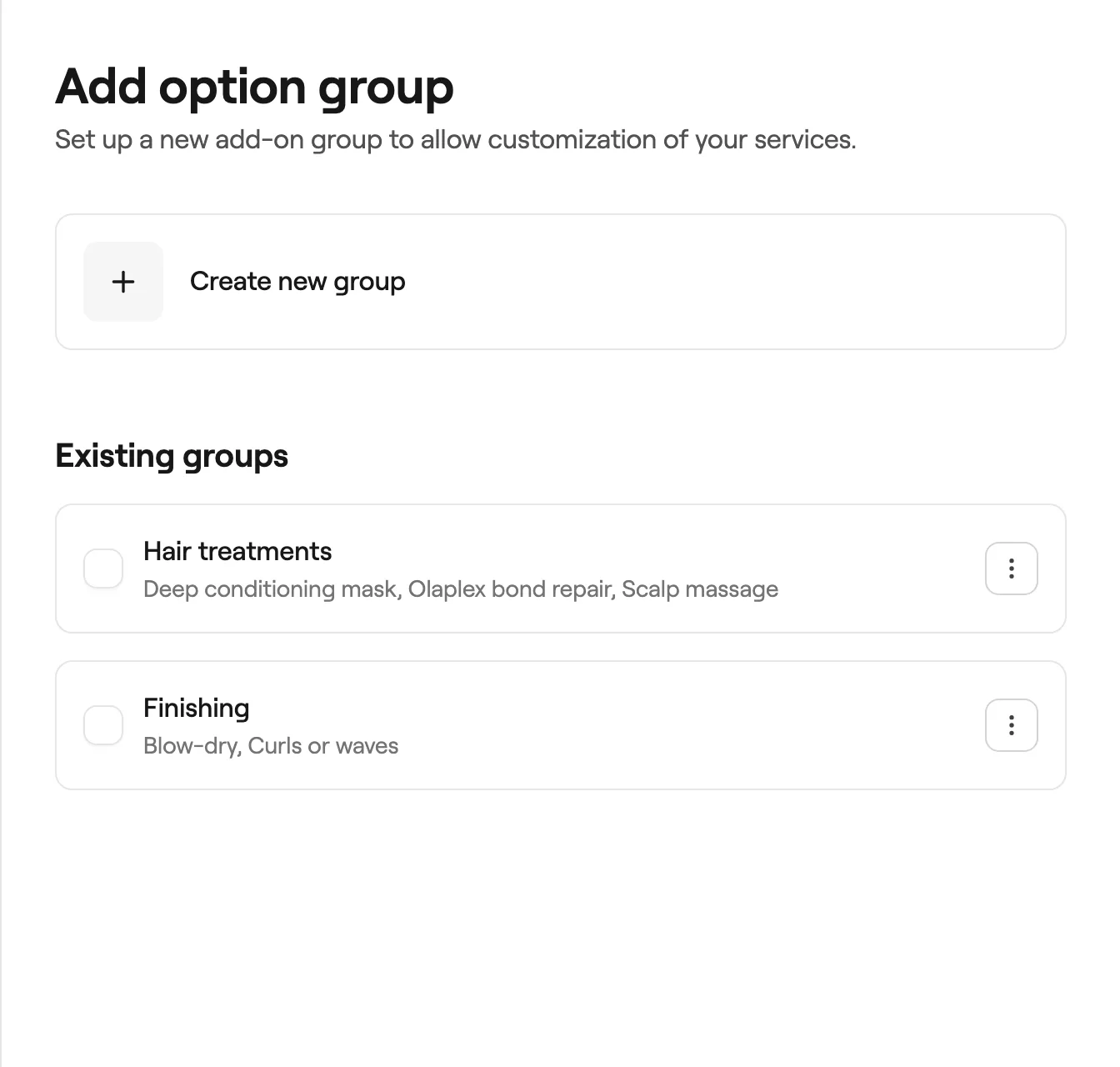 Add option group with Create new group and existing groups