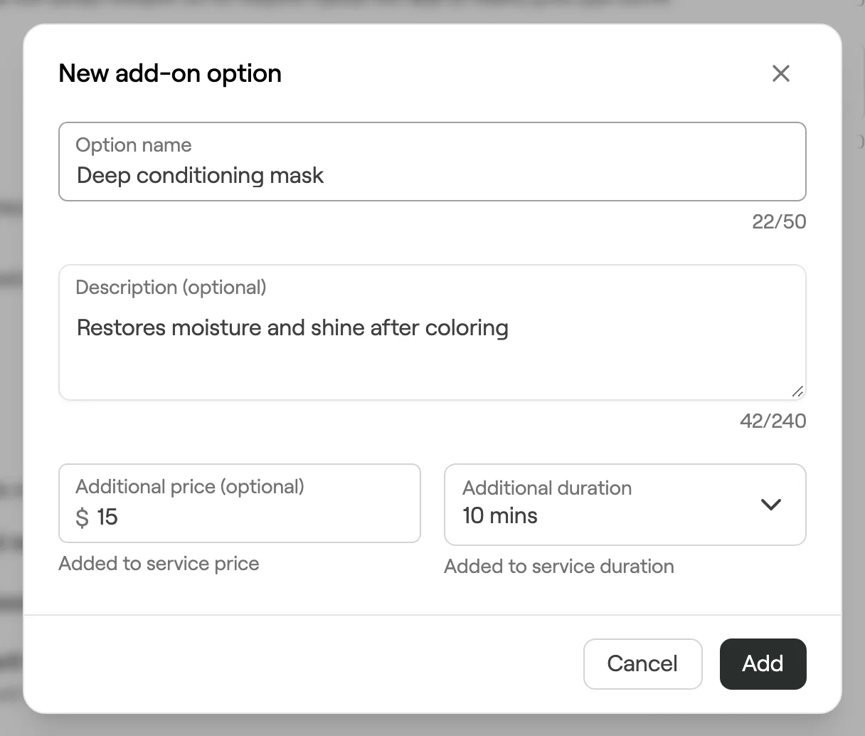 New add-on option with name, description, additional price and duration