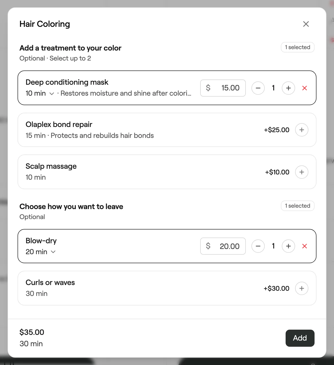 Add-on picker for Hair Coloring with two add-ons selected