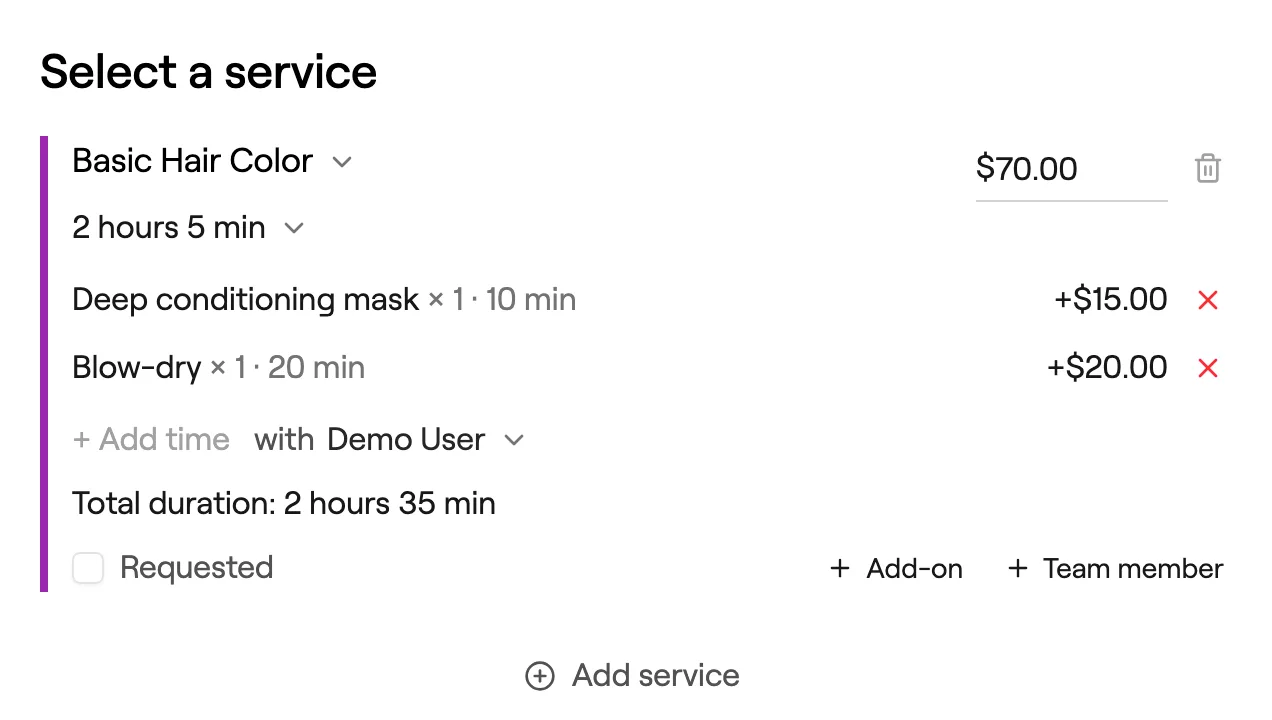 Appointment service with two add-ons and the new total duration