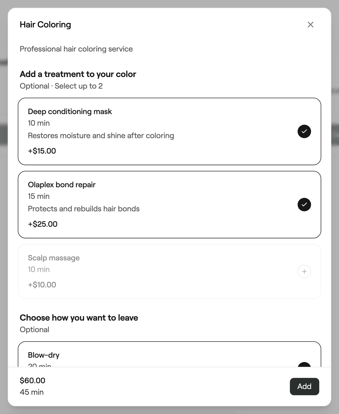 Online booking add-on step with two add-ons selected and one greyed out