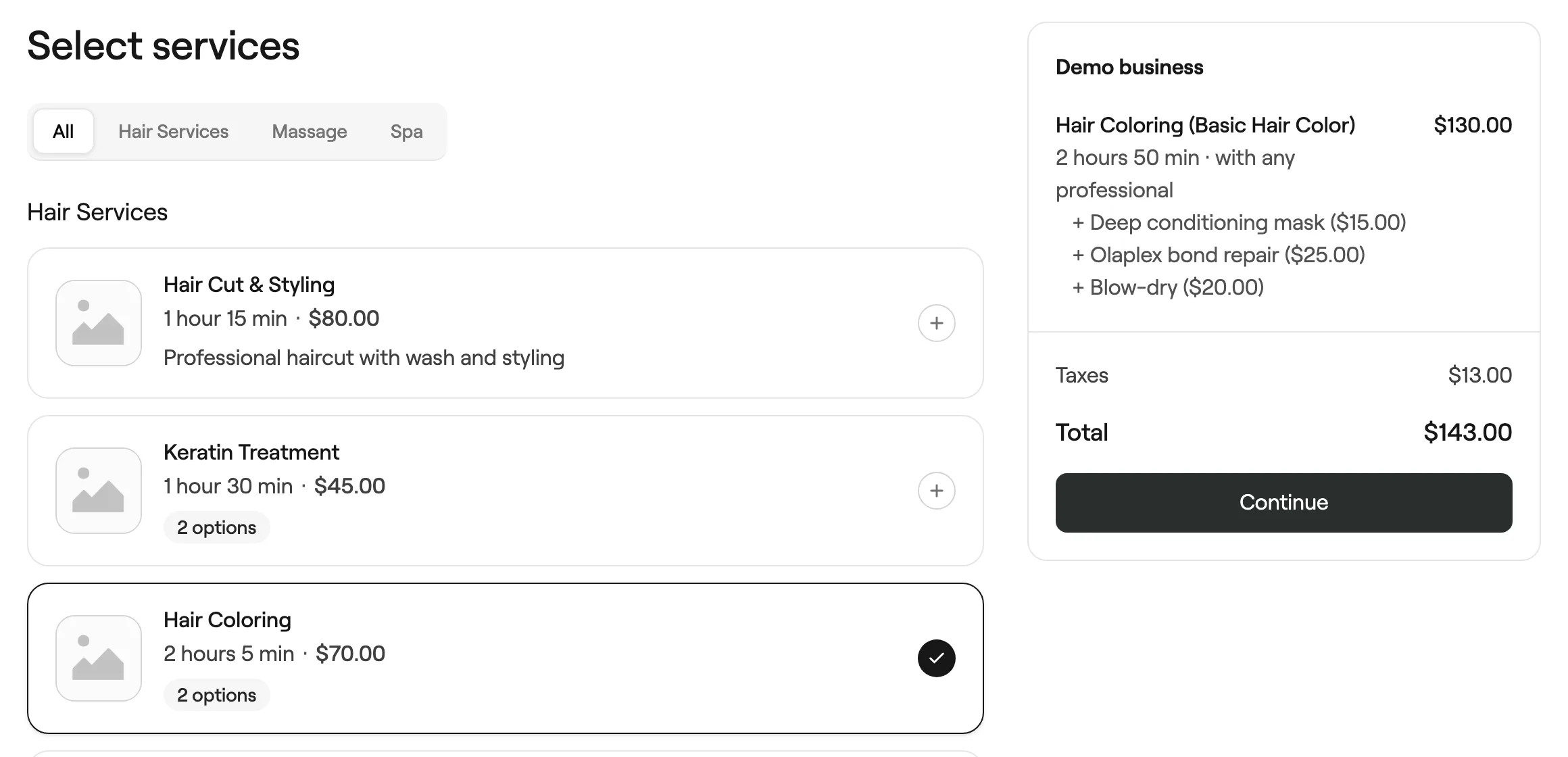 Booking summary listing the service with its add-ons