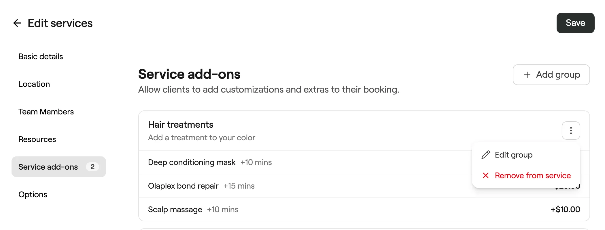 Group actions menu with Edit group and Remove from service