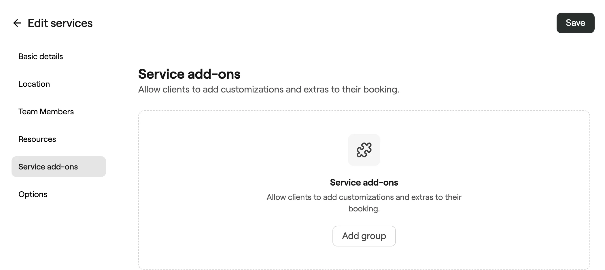 Service add-ons section with the Add group button