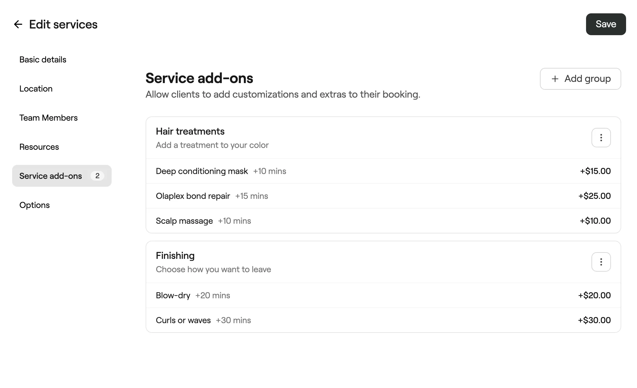 Service add-ons with two add-on groups and their options