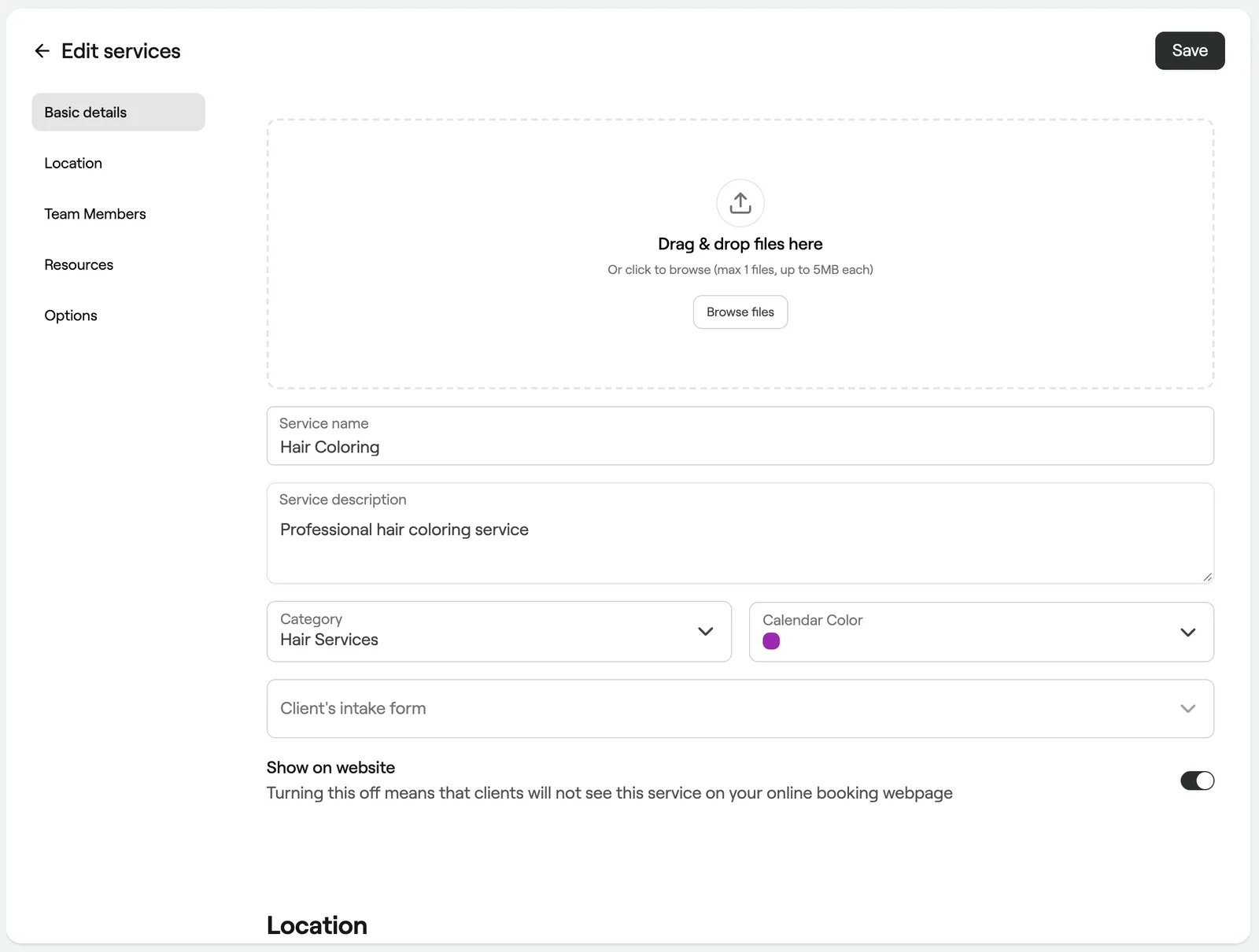 Service basic details with name, description, category and calendar colour