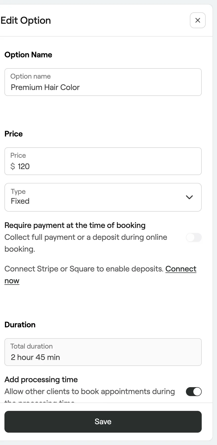 Edit Option with name, price, type and duration