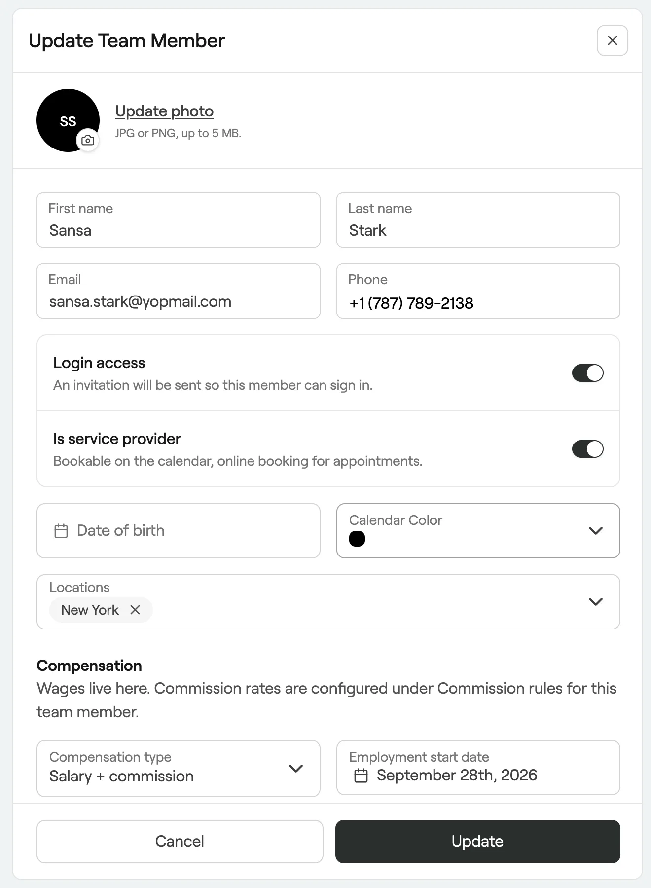 Team member form with name, contact details, login access and compensation